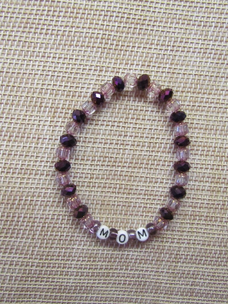 Czech Crystal Beads Gold Trim Pink Beaded Bracelet Mother/'s Day Cathedral Beads Purple Pretty MOM Stretch Cord Glass Letter Beads