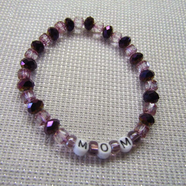 Czech Crystal Beads Gold Trim Pink Beaded Bracelet Mother/'s Day Cathedral Beads Purple Pretty MOM Stretch Cord Glass Letter Beads