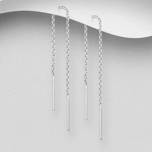 925 Sterling Silver Thread Earrings , Pull through earrings, Long Bar Thread earrings