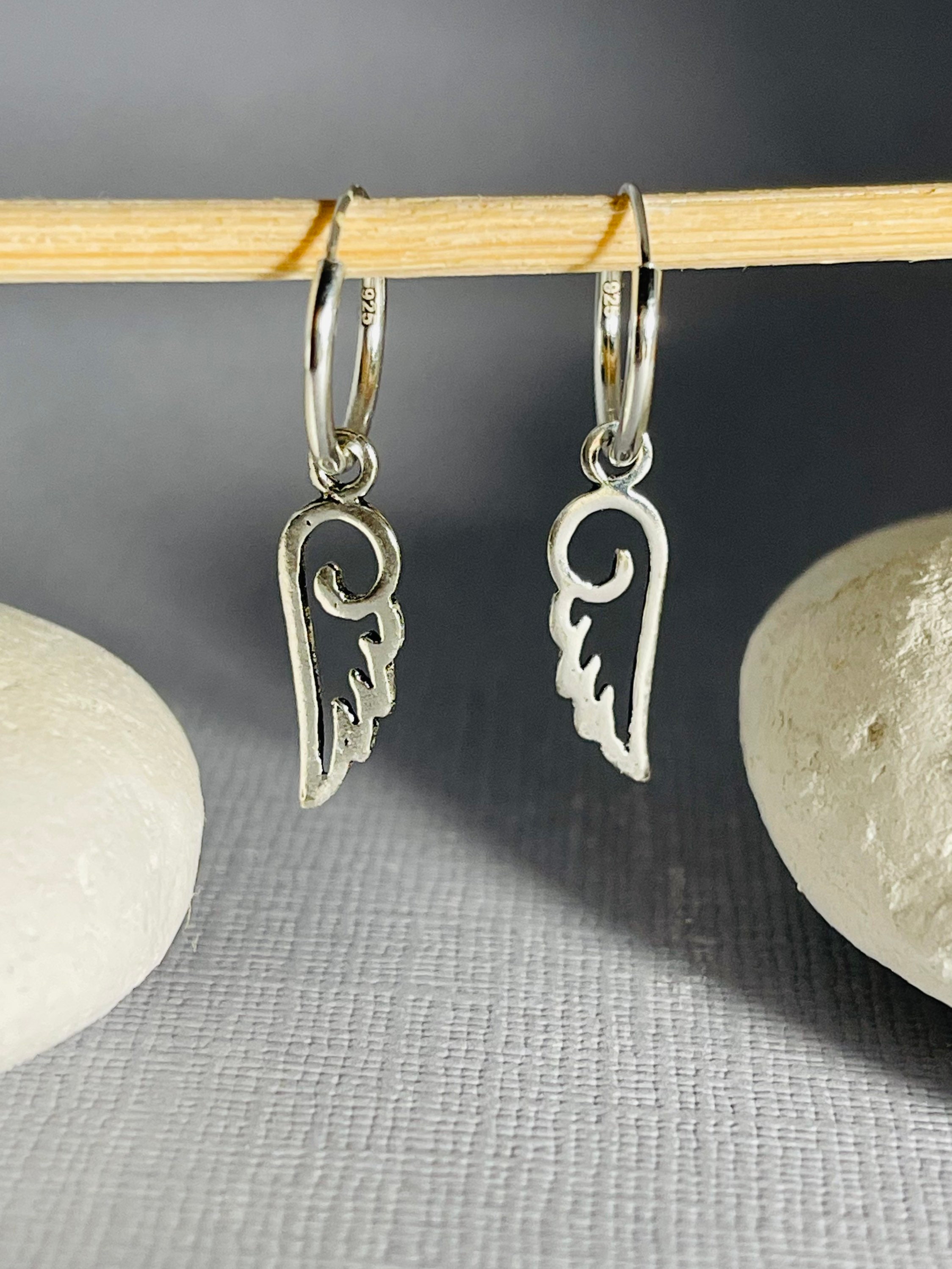 925 Sterling Silver Hoop With Dangling Angel Wing Earrings, Dangling