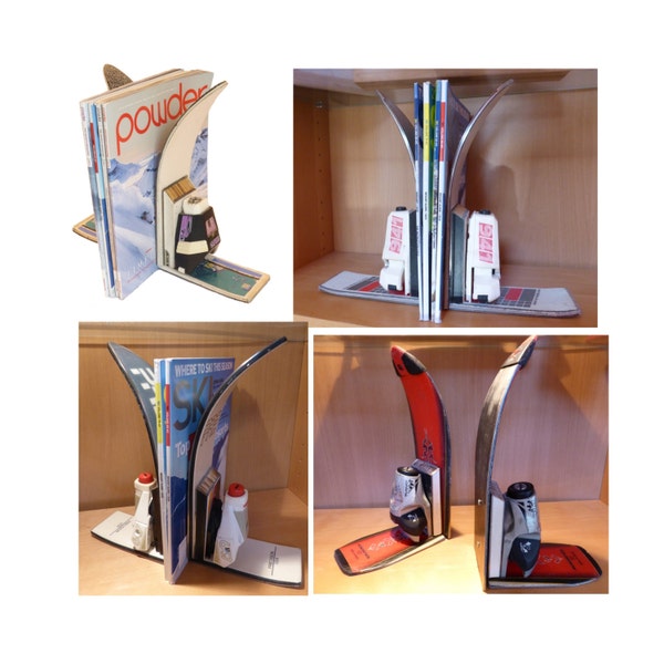 Recycled Ski Bookends with Bindings - Upcycled Book Decor