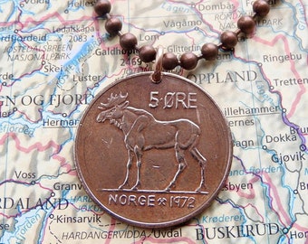Norway moose coin birth year necklace/keychain - 1959/1960/1961/1962/1963/1964/1965/1966/1967/1968/1969/1970/1971/1972/1973 50th/65th bday