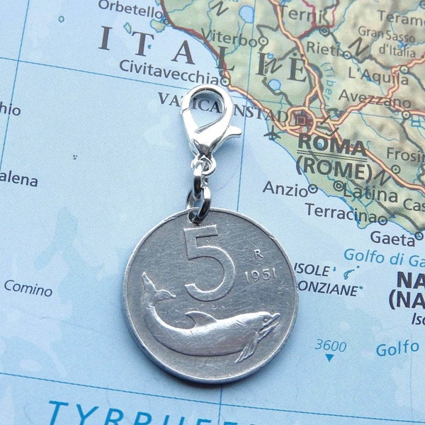 Italy 5 Lire dolphin coin charm in year of birth 1951 - 1952 - 1953 - 1954 - 1955 - 1967 - 1968 - 1972 - 1973 - 1974