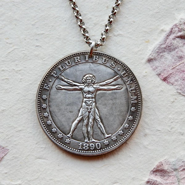 Collar/llavero con ficha de moneda del hombre de Vitruvio - edición limitada - Leonardo Da Vinci - collar de arte - Joyería Da Vinci