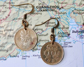 Macau coin earrings - 3 different designs - made of genuine coins with a dancing lion - Macau earrings - personalized earrings