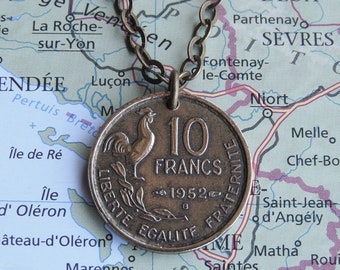 France 10/20/50 Franc rooster farm coin necklace/keychain birth/anniversary/wedding year 1950-1951-1952 - 1953 - 1954 - 1955 - 1957 - 1958