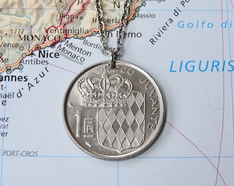 Monaco coin necklace/keychain - 2 different designs - made of genuine coins - shield - crown - Deo juvante - Rainier III