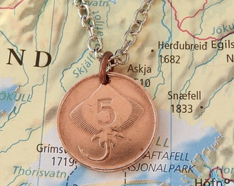 Iceland coin necklace/keychain - 5 different designs - made of genuine coins from Iceland - Skate-Shrimp-cod-Giant-Reykjavic-dolphins