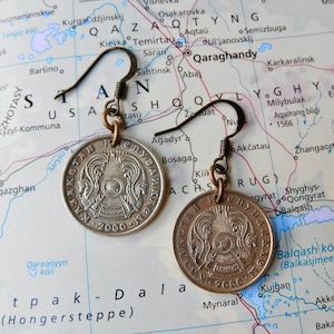 Kazakhstan coin earrings - made of genuine coins from Kazakhstan - coin jewelry - personalized earrings - customized earrings