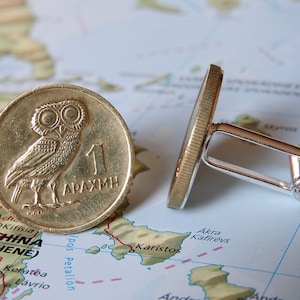Greece 1 Drachma owl / phoenix 1973 coin cufflinks - genuine Greek coins - owl cufflinks - phoenix cufflinks