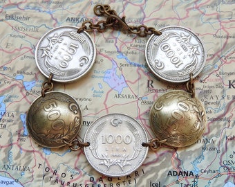 Turkey coin bracelet - 5 different designs - made of genuine coins - personalized Turkey bracelet - Lira bracelet