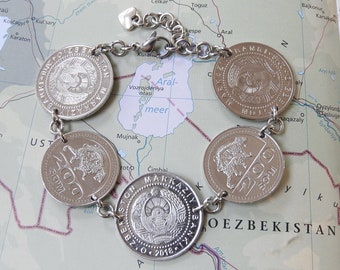 Uzbekistan coin bracelet - made of genuine coins - travel bracelet - national arms - customized bracelet - tiger - sun