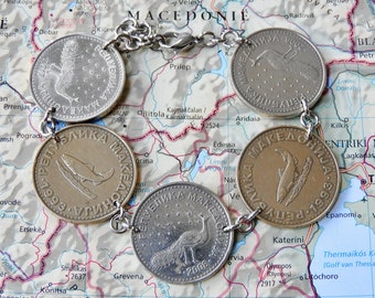 Macedonia coin bracelet - 2 different designs - made of genuine coins - lynx - shepherd dog - peacock - trout
