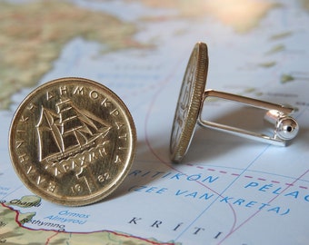 Greece ship coin cufflinks - 3 different designs - in birth / anniversary / wedding year 1976 - 1978 - 1980 - 1982 - 1984 - 1986 - 1988