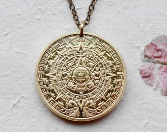 Maya Aztec calendar gold coin token necklace - Mexico necklace - Aztec gift - sun calendar - Mexico souvenir - Maya gift - Piedra del Sol
