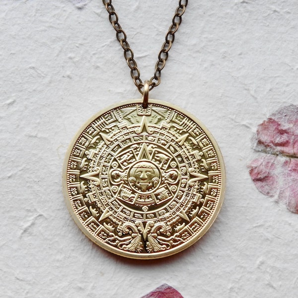 Maya Aztec calendar gold coin token necklace - Mexico necklace - Aztec gift - sun calendar - Mexico souvenir - Maya gift - Piedra del Sol