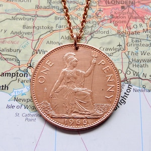 1953–1967 Great Britain 1 Penny Coin Necklace | Queen Elizabeth II & Britannia Bronze Coin Pendant | Vintage UK Coin Jewelry | British Gift