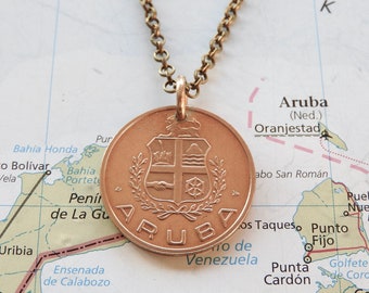 Collier/porte-clés de pièces d’Aruba - fait de pièces authentiques - Antilles néerlandaises - Souvenir d’Aruba - Petites Antilles