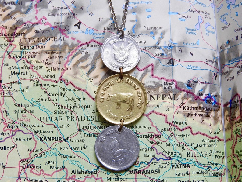 Nepal coin necklace/keychain 7 different designs made of original coins from Nepal Himalaya mountains Mount Everest Coin necklace 7