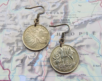 Boucles d'oreilles en pièces de monnaie éthiopiennes - 3 modèles différents - faites de pièces de monnaie authentiques avec un lion ou Nyala - Cadeau éthiopien