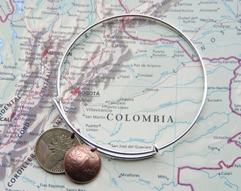 Colombia coin bangle bracelet - South America - personalized coin jewelry - Colombia wedding