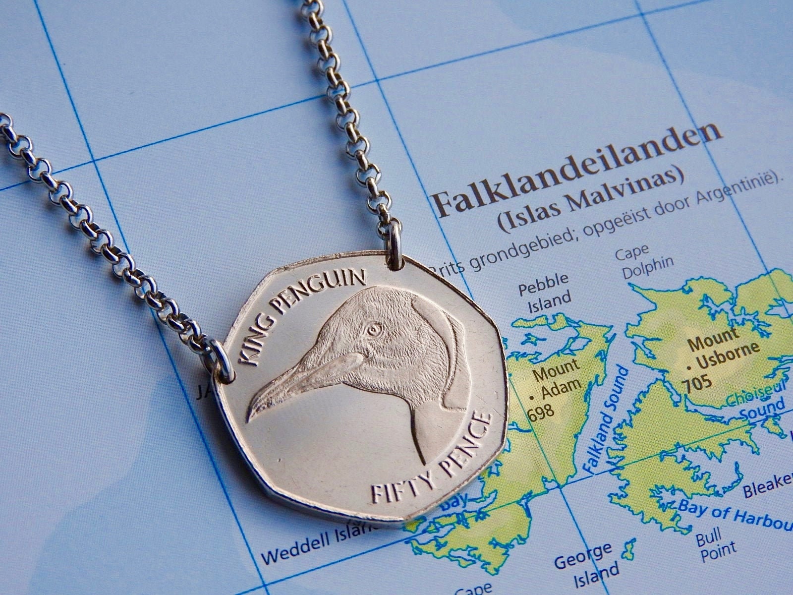 # 388 Cut Coin Pendant 1-1/8" King Penguins Pendant & necklace Falkland Is # 388 Cut Coin Pendant 1-1/8" King Penguins Pendant & necklace Falkland Is