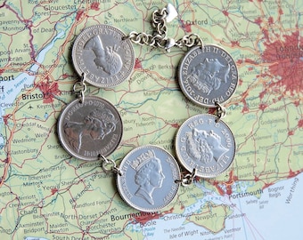 Great Britain Queen Elizabeth coin bracelet - Elizabeth coins with 5 different portraits from her 70 years during reign 1953-2022