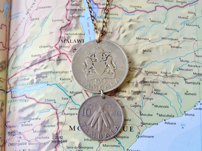 Malawi coin necklace/keychain 8 different designs made of genuine coins from Malawi elephant Africa rooster corn heron Coin necklace 8