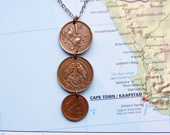 South Africa coin necklace/keychain - 6 different designs - genuine coins - South Africa birthday gift - personalized necklace
