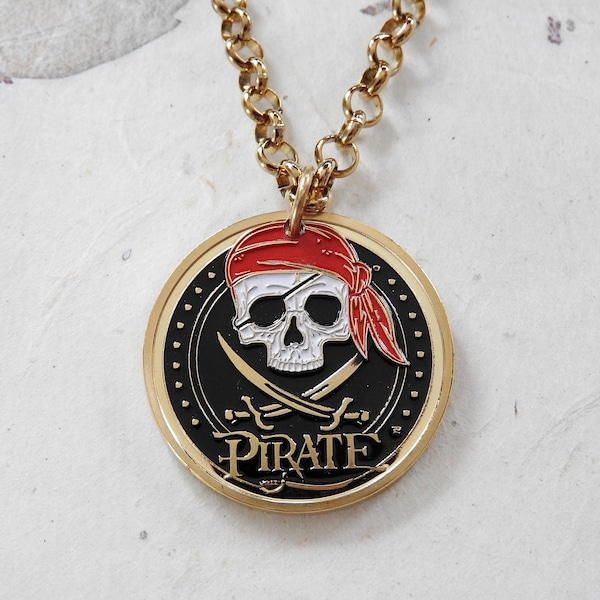 Pirate skull gold colored coin token necklace/keychain | Drink up me hearties yo ho…a pirates life for me!