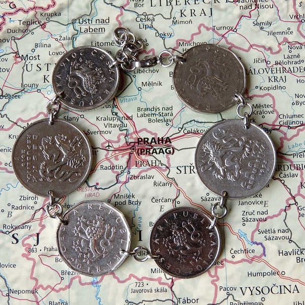 Czech Republic coin bracelet - made of original coins - travel gift - wanderlust - Prague - lion bracelet