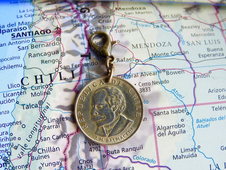 Chile coin charm 2 different designs made of original coins from Chile travel charm wanderlust gift Coin charm 2