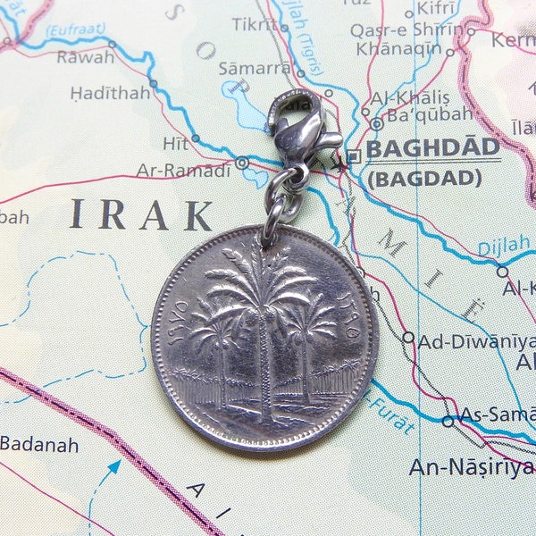 Iraq coin charm - made of genuine coins - Iraq gift - travel charm - wanderlust gift - travel charm bracelet - palm trees