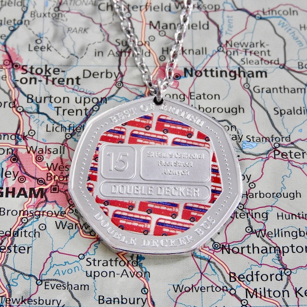 Double Decker Bus Best of British collection silver plated coin necklace/keychain: typical British red bus, next stop