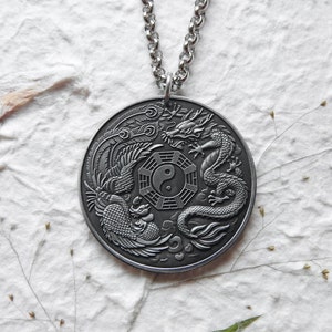 Tuvalu phoenix and dragon gray coin token necklace/keychain - Yin Yang - Feng Shui - mythical creatures - phoenix necklace - dragon necklace