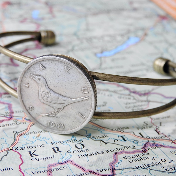 Croatia coin cuff bracelet - 2 different designs - nightingale - brown bear - bluefin tuna - flowers - Dubrovnik - Zagreb