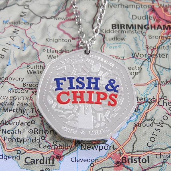 Fish and Chips Best of British collection silver plated coin necklace/keychain: Lovely gift for foodie!