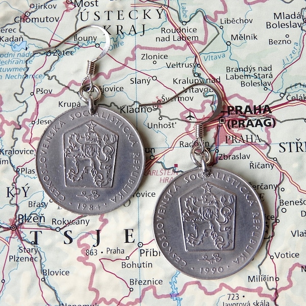 Czechoslovakia coin earrings - genuine coins from Czecho Slovakia - lion earrings