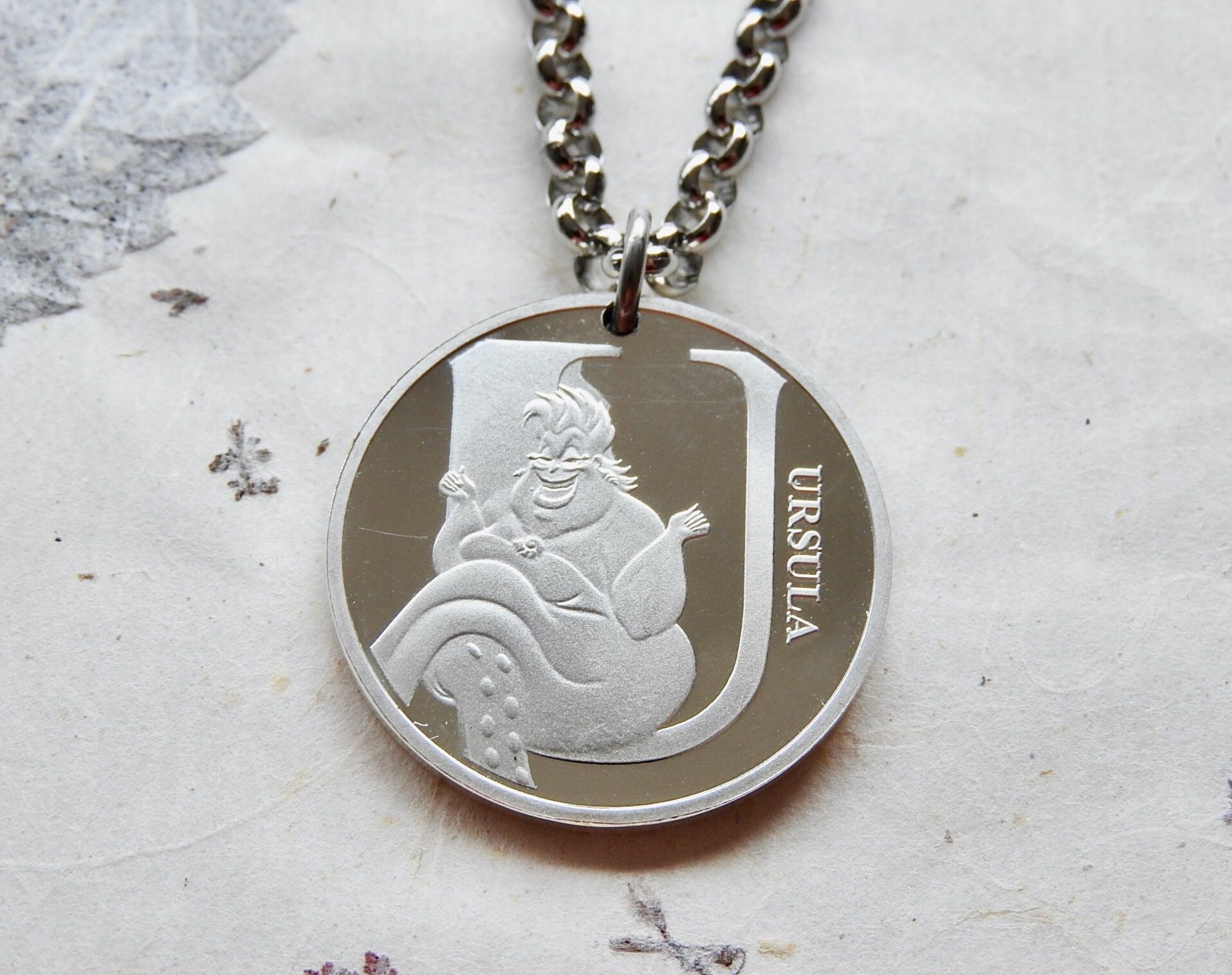 U is for Ursula | Little Mermaid Disney silver alphabet coin necklace/keychain |limited edition|Disney lover|movie jewelry| witch necklace