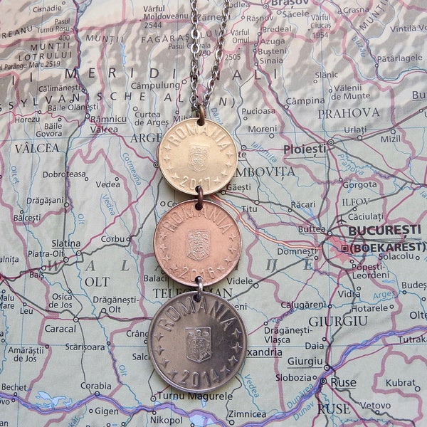 Romania coin necklace/keychain - 5 different designs - made of genuine coins - personalized Romania necklace