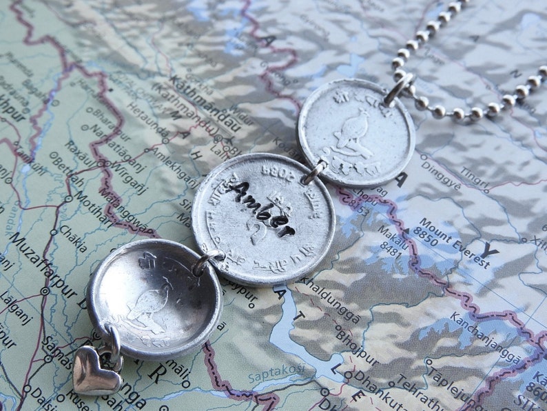 Nepal coin necklace/keychain 7 different designs made of original coins from Nepal Himalaya mountains Mount Everest image 10