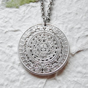 Maya Aztec calendar silver coin token necklace - Mexico necklace - Aztec gift - sun calendar - Mexico souvenir - Maya gift - Piedra del Sol