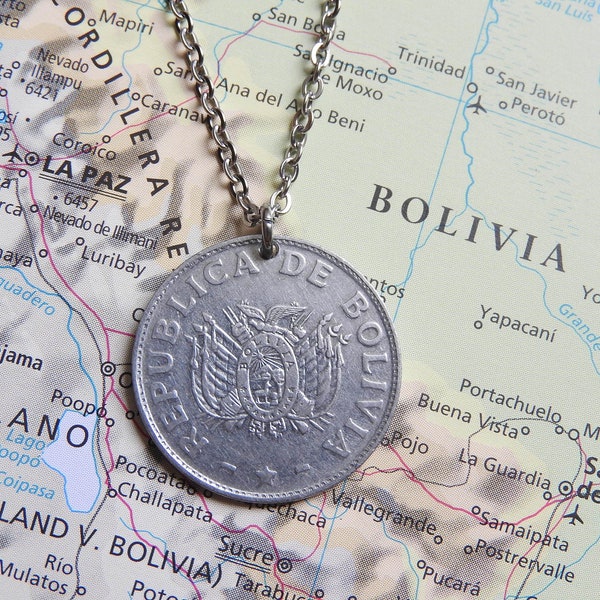 Bolivien-Münzen-Halskette/Schlüsselanhänger - 2 verschiedene Designs - aus echten Münzen - Bolivien-Münzen-Schlüsselanhänger - Bolivien-Geschenk - personalisierte Halskette