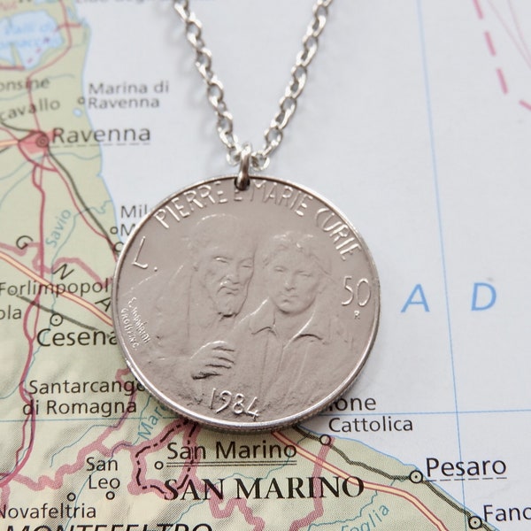 Pierre and Marie Curie/San Marino coin necklace/keychain - physicists, radioactivity, discovered radium.