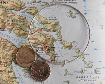 Greece 5 Drachma coin bangle bracelet in birth / anniversary year 1976 - 1978 - 1980 - 1982 - 1984 - 1986 - 1988 - 1990 -1992-1994-1998