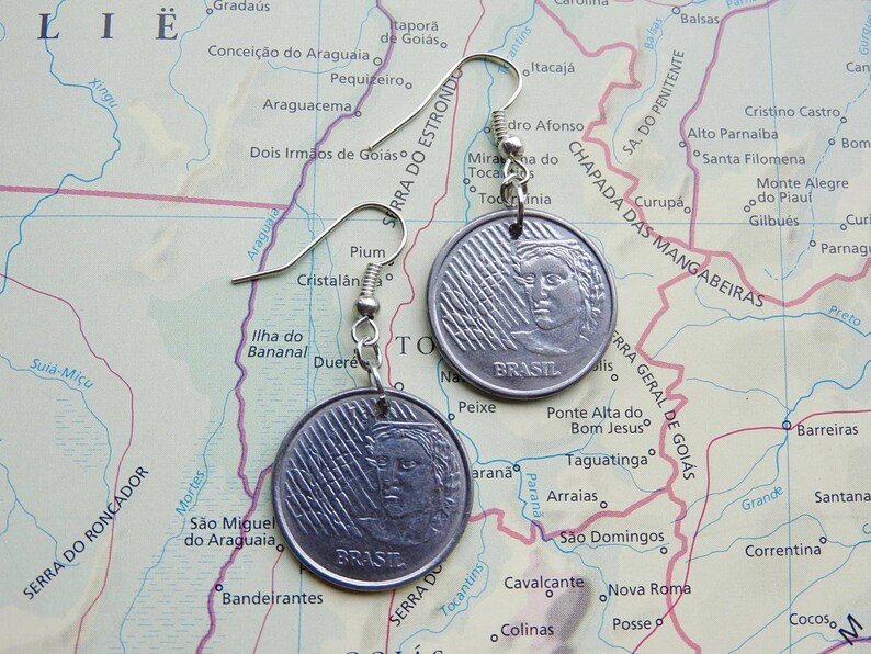 Brazil coin earrings 2 different designs made of genuine coins from Brazil Rio de Janeiro travel earrings Brazil jewelry Coin earrings 1