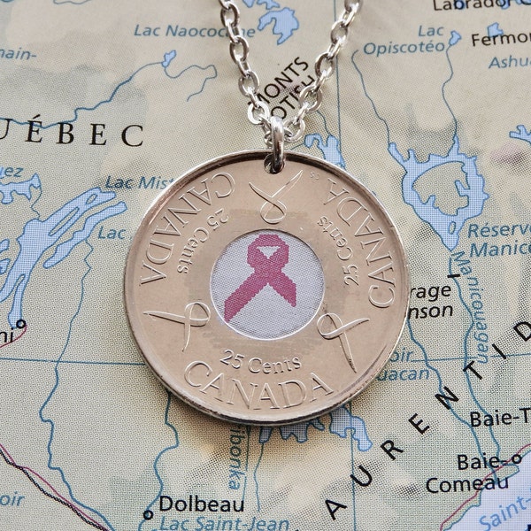 Canada Pink ribbon quarter coin necklace/keychain | Breast cancer awareness | Cosme Saffioti