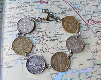 Kazakhstan coin bracelet with national arms - made of genuine coins - personalized jewelry - travel bracelet
