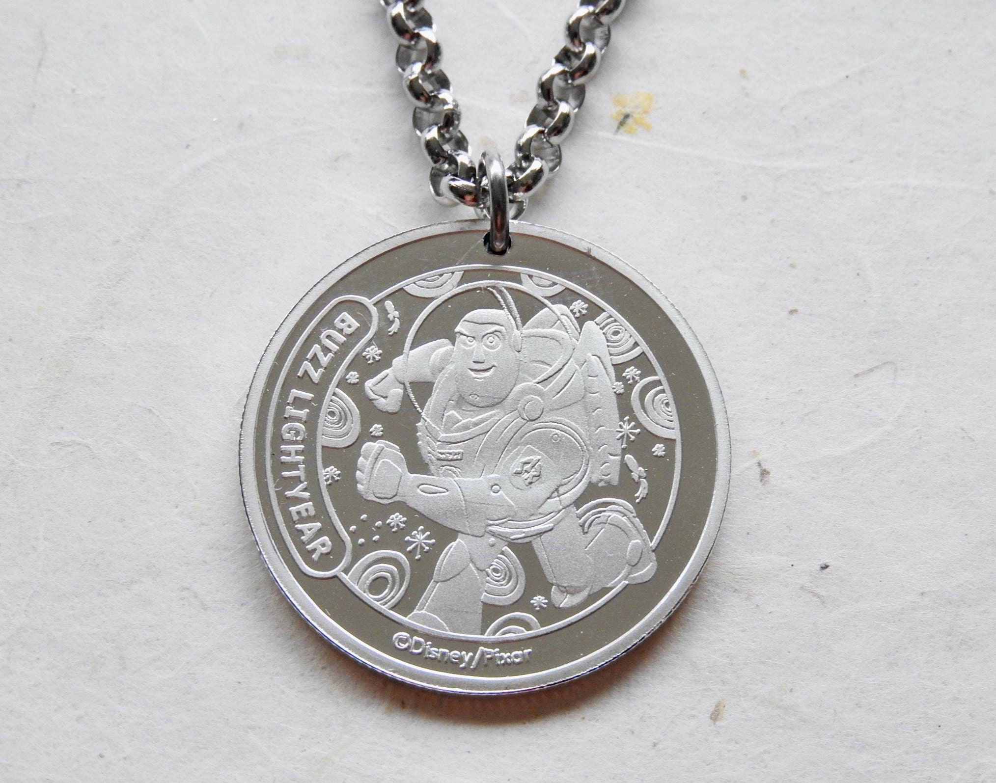 Buzz Lightyear Toy Story Disney Silver Coin Necklace keychain