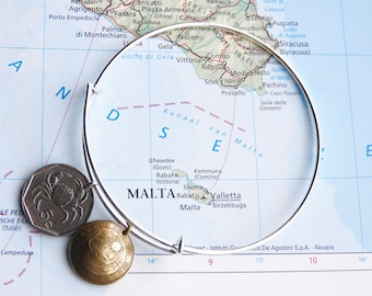 Malta coin bangle bracelet - 2 different designs - made of genuine coins - Malta gift - weasel coin - crab - sunset